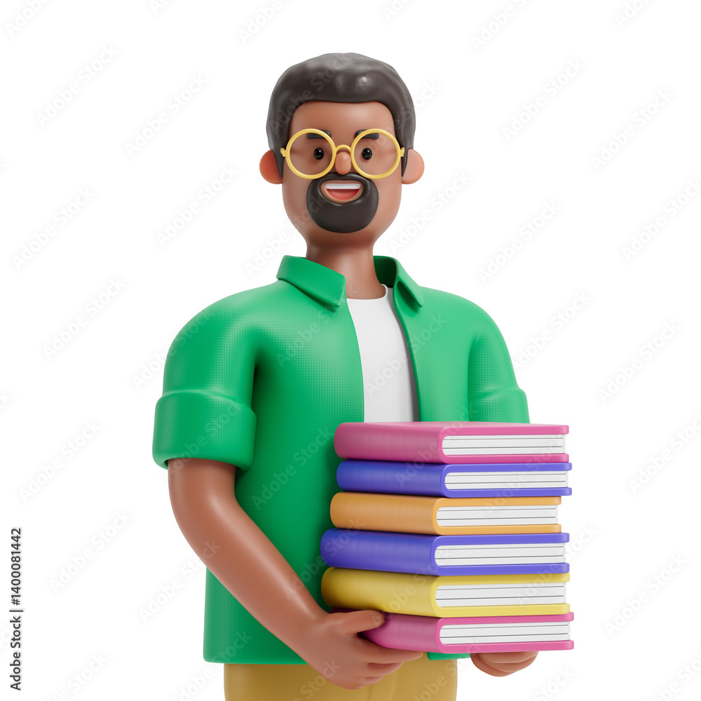 Poster a man holds a stack of colorful books, symbolizing knowledge and education. 3d rendering, conceptual