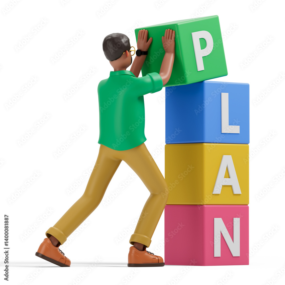 Poster a man places a block on a stack, spelling 