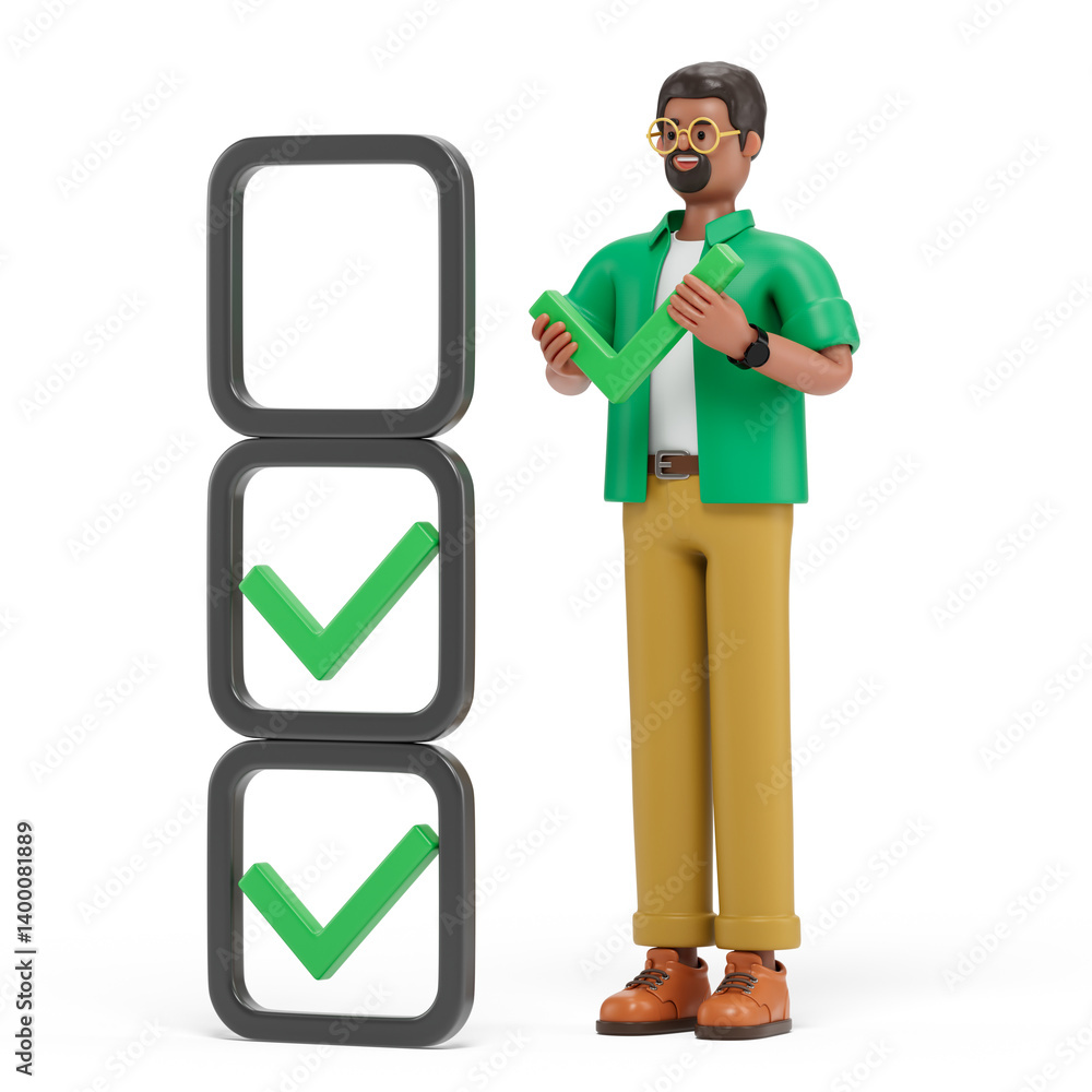 Poster a man holds a green checkmark, symbolizing approval or completion. 3d rendering, conceptual image. i