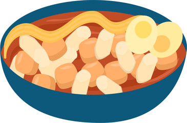 Vibrant Tteokbokki Bowl with Noodles and Soft Boiled Eggs