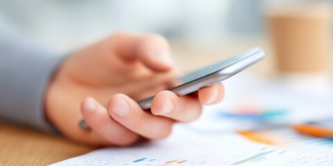 financial trouble budget assistance concept. Hand holding smartphone over papers with charts and graphs.