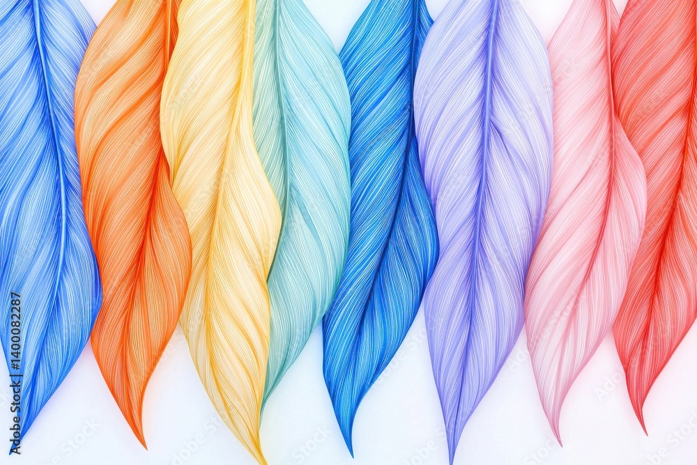 Poster symmetrical feather pattern in bright hues arranged in abstract digital layout with colorful overlap