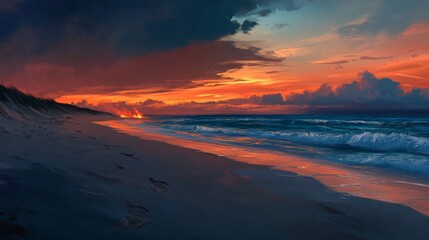 Fototapeta premium 88.A serene beach at twilight, with gentle waves lapping at the shore, a colorful sky transitioning from orange to deep blue, and footprints in the sand leading to a distant bonfire.