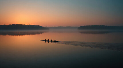 Obraz premium Rowers training on lake at sunrise with fog
