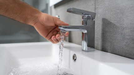 Man opening water faucet in modern bathroom sink