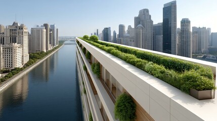 Wide-angle aerial view of environmentally responsible urban infrastructure with wind turbines, solar farms, and vertical gardens integrated into city design