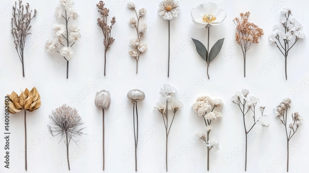 Poster charming bunch of dried flowers arranged in a simple pattern on a white background for a rustic touc