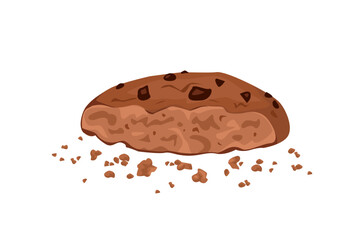 Double chocolate cookie and crumbs isolated on white background. Vector cartoon flat illustration of  crunchy biscuit piece.