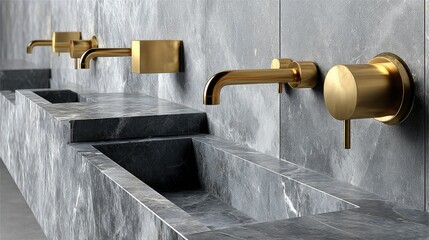 Modern brass faucets with marble sinks in a stylish bathroom design showcase elegance and functionality for contemporary spaces