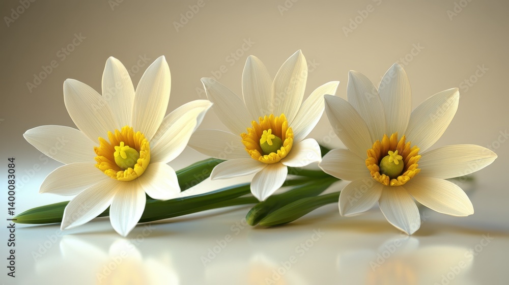 Poster three white flowers arranged on a table creating a simple yet elegant decorative display in a room
