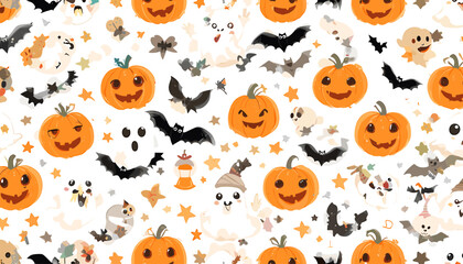 Obraz premium Seamless Halloween Pattern with Cute Ghosts and Pumpkins. A seamless Halloween-themed pattern featuring adorable cartoon ghosts, pumpkins, bats, and stars in pastel tones. Ideal for kids’ p