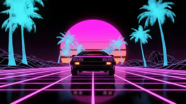 Retro Car Headlights Approaching on Neon Grid Road