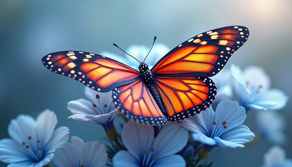 Fototapeta premium Monarch butterfly resting on delicate blue flowers 