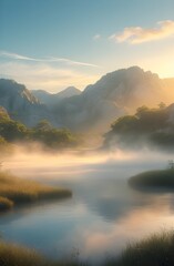 Golden light bathes the calm water of the lake and reflects the sunrise colors, while a similar dawn unfolds with the sun rising over the tranquil river landscape