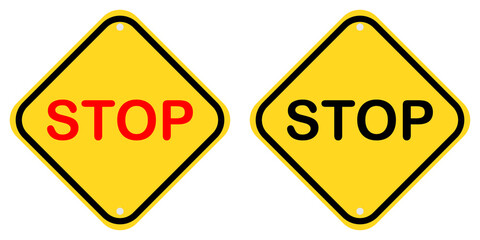 Stop Sign Duet, A pair of vibrant yellow stop signs, one boldly proclaiming 