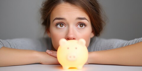financial trouble budget assistance concept. A woman gazes thoughtfully at a glowing piggy bank.