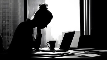 Late-night silhouette of a woman at her desk, displaying stress from her overwhelming workload and responsibilities.