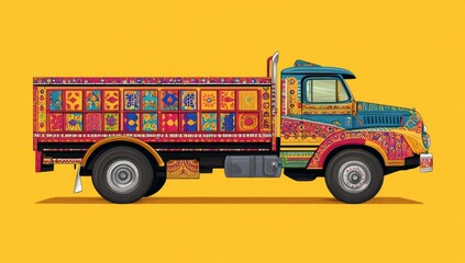 Ornate decorated truck, vibrant colors, cultural design