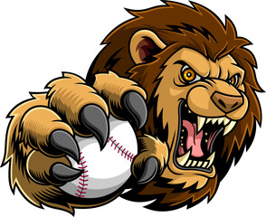 Angry Lion Holding Baseball Ball Mascot