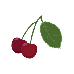 Cherry. Ripe juicy cherries. Red cherry berries. Ripe cherries with a green leaf. The vector illustration is isolated on a white background