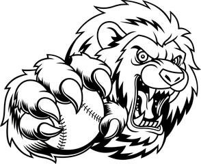 Roaring Lion Holding Baseball Ball Mascot Black And
White 
