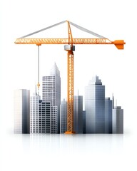Obraz premium a crane on city skyline clipart, highrise building backdrop, minimal design, isolated on white background