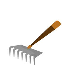 Simple Gray Garden Rake with Brown Wooden Handle, Isolated on White