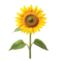 Obraz premium bright yellow sunflower with vibrant petals and green leaves stands tall against white background, symbolizing warmth and positivity