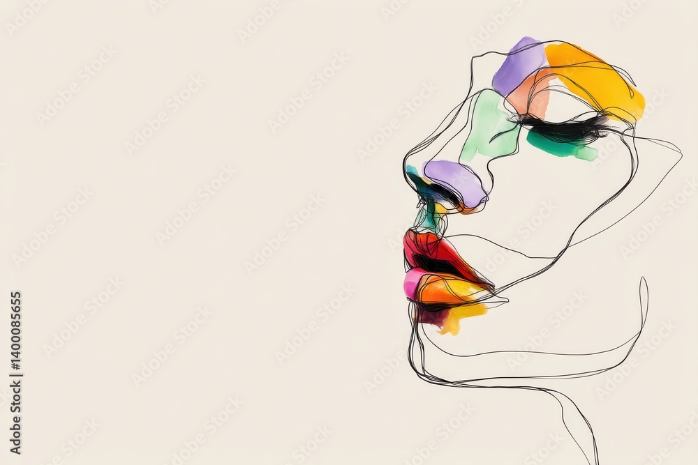 Poster side facial sketch with multicolored abstract overlays on neutral background conceptual illustration