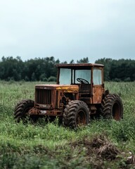 Weathered grader parked in field with overgrown grass, abandoned machinery feel