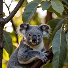 Fototapeta premium Adorable Koala Bear on a Tree Branch in its Natural Habitat A Close up Portrait of this Australian Marsupial
