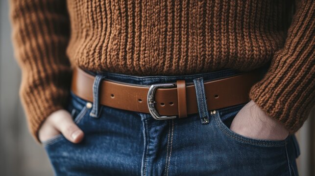 Casual contemporary fashion featuring a tan leather belt, jeans and sweater