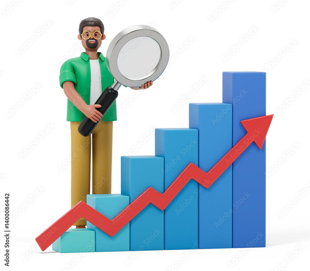 Poster a man holds a magnifying glass over a graph, symbolizing analysis or scrutiny of growth. 3d renderin
