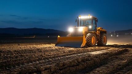 Fototapeta premium Night shot of grader under LED work lights, working after dark