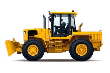 Fototapeta premium a heavyduty road grader clipart, industrial vehicle profile, flat infographic style, isolated on white background