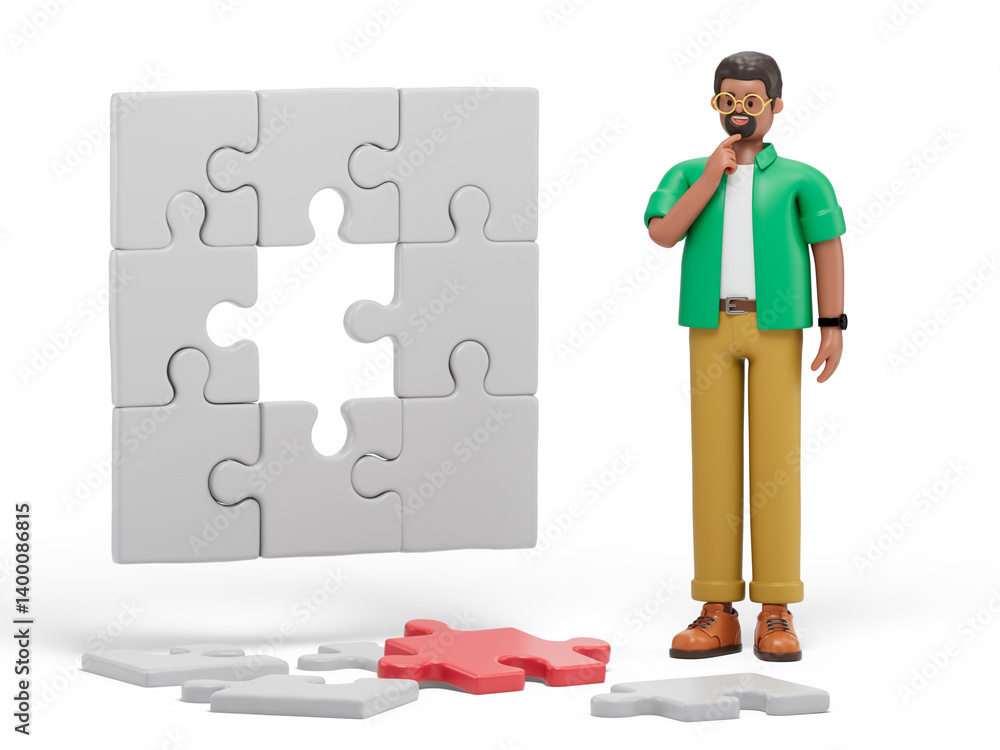Poster a man contemplates a partially completed puzzle, symbolizing problem-solving or strategy. 3d renderi