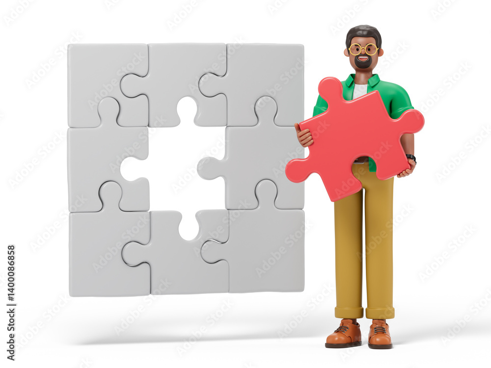 Poster a man holds a red puzzle piece next to a puzzle, symbolizing problem-solving or completing a task. 3