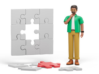 A man contemplates a partially completed puzzle, symbolizing problem-solving or strategy. 3D rendering, conceptual image. Isolated on white background.