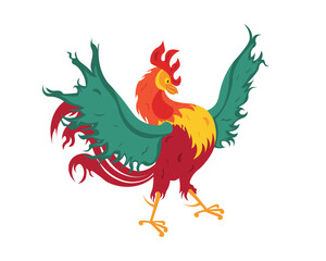 Cock. A bright colored rooster. A cartoon-style rooster. The vector illustration is isolated on a white background