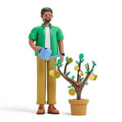 A man waters a money tree with coins, symbolizing investment growth or financial prosperity. 3D rendering, conceptual image. Isolated on white background.