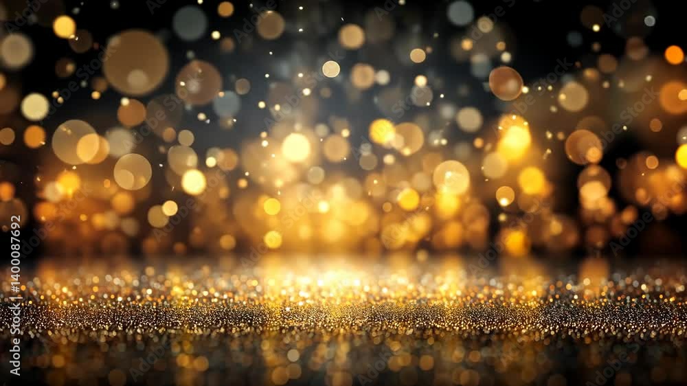 Poster abstract background with golden glitter dust on a dark surface and bokeh lights shimmering in the ba