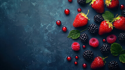 Fresh ripe strawberries raspberries blackberries and cranberries arranged on a dark blue textured background creating a vibrant and delicious summer berry composition perfect for