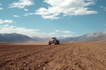 Grader moving across desert landscape, extreme working conditions