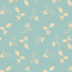 Fototapeta premium Blue pattern with coffee beans and branches with coffee fruits. Pastel colors. Textile. Vector illustration