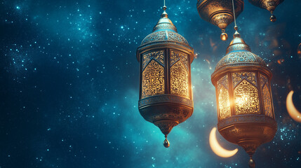 Ornate Islamic Lanterns Floating in a Starry Cosmic Sky. Milad.