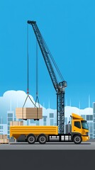 Flat vector illustration of crane lifting cargo, simple construction graphic