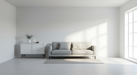 Sunlit Minimalist Living Room Interior Design: 3D Render AI Generated