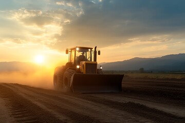 Grader at sunset with dust cloud trailing, cinematic industrial moment