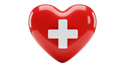 Obraz premium Red heart with a white cross in the center on a white background, simple and clean design style