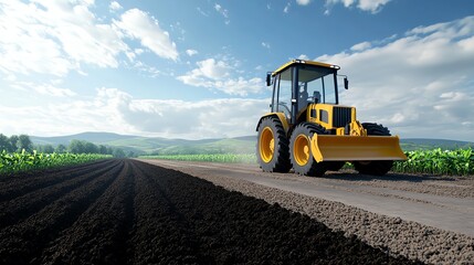 Obraz premium Grader building farm access road in rural field, agricultural construction, 3D illustration